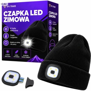 Czapka zimowa z latarką LED na USB, ocieplana