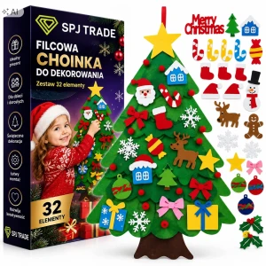 Choinka filcowa dla dzieci 100×70 cm, 32 ozdoby, DIY