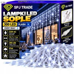 Lampki sople kurtyna 300 led zimny biały 12,7 m