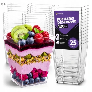 Pucharki do deserów plastikowe 120 ml, kwadratowe, 25 szt