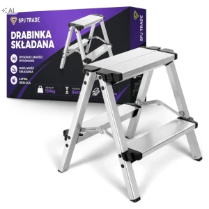 Drabina aluminiowa dwustronna 2x2 stopnie, udźwig 150 kg, podest 54 cm