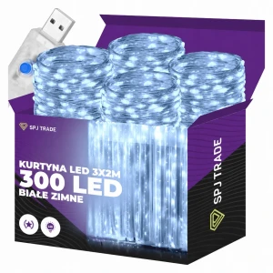 Kurtyna świetlna LED 300 diod, 3x2 m, zimna biała, zasilanie USB