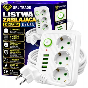 Przedłużacz zasilający 3 gniazda, 5x USB, 2m, antyprzepięciowy