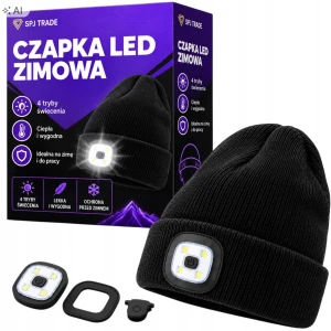 Czapka zimowa z latarką LED, 4 tryby świecenia, uniwersalna