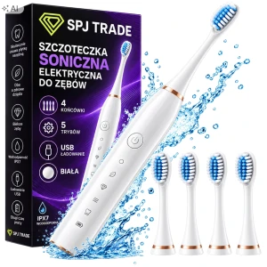Szczoteczka soniczna elektryczna, 38000 ruchów/min, 4 końcówki, biała