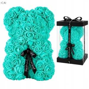 Miś z róż 40 cm, kolor miętowy, w pudełku